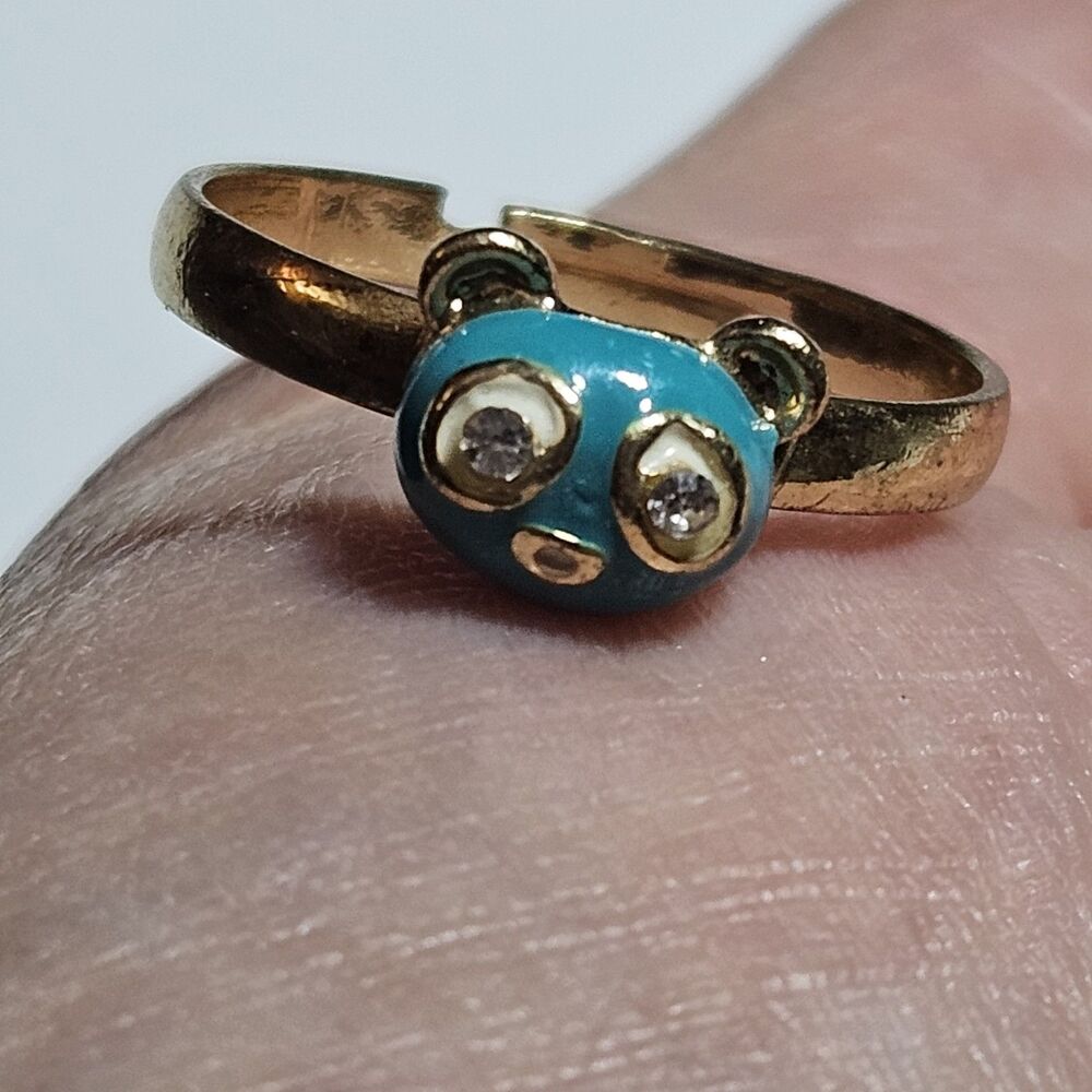 Gold Tone Blue Enamel Bear Face Ring Clear Rhinestone Eyes Adjustable Size 7.25 - Picture 2 of 12
